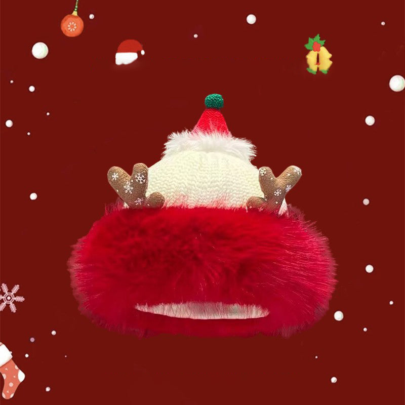 Cute Santa Hat Cut Out Red Knit Fleece Warm Antler Earflap Beanie
