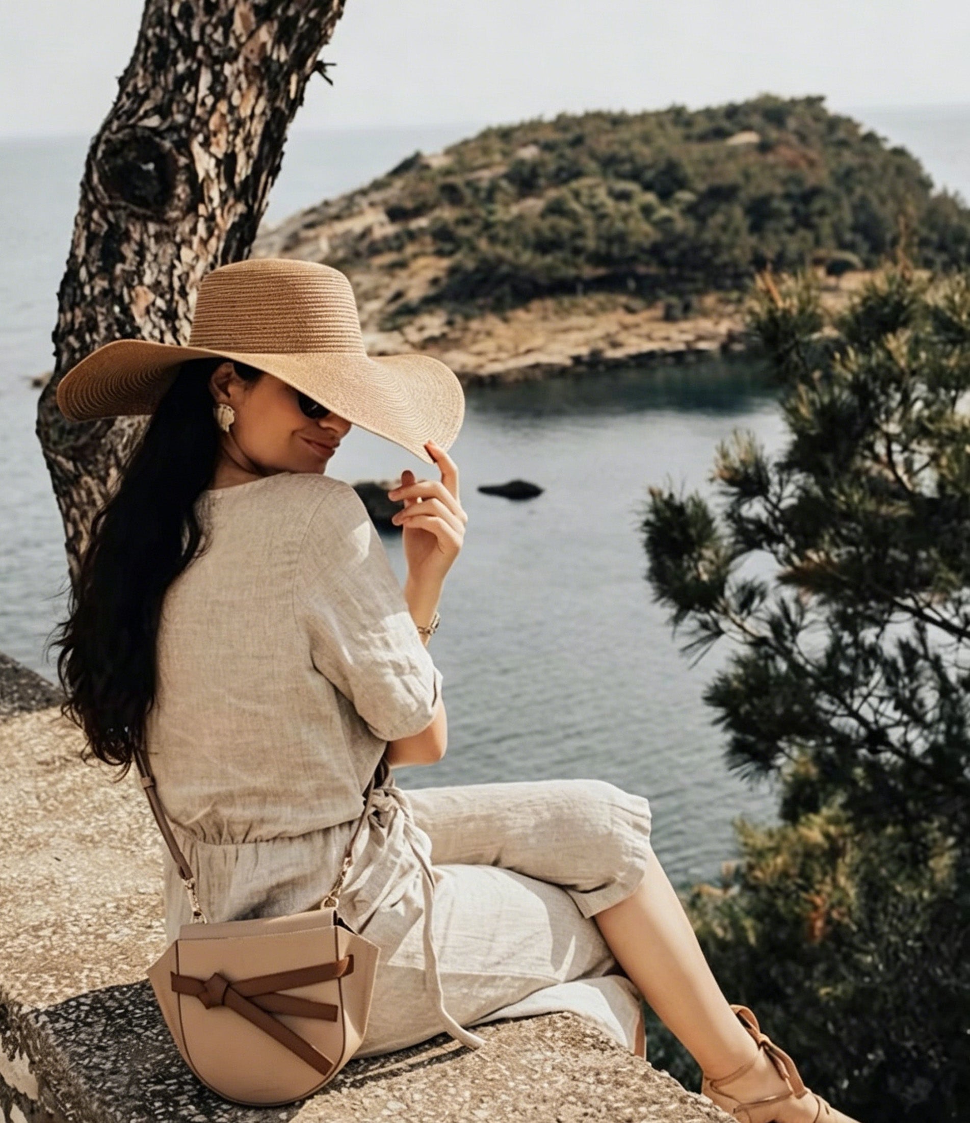 Brown Straw Hat Wide Brim Foldable Beach Sun Hat Palm Leaf Vacation Style