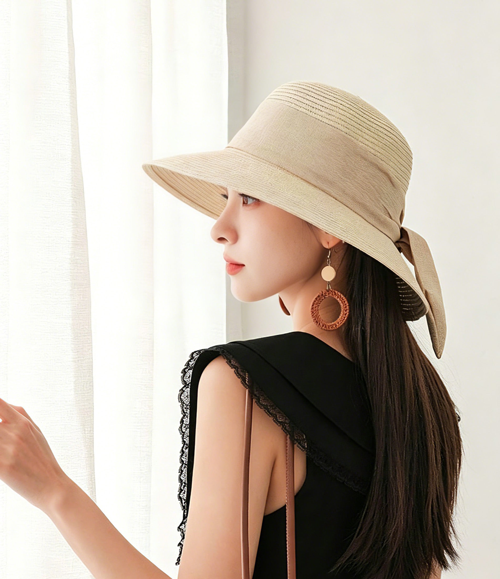Summer Straw Hat for Women Beach Sun Hat with Ribbon Tie Vacation Style Bucket Hat