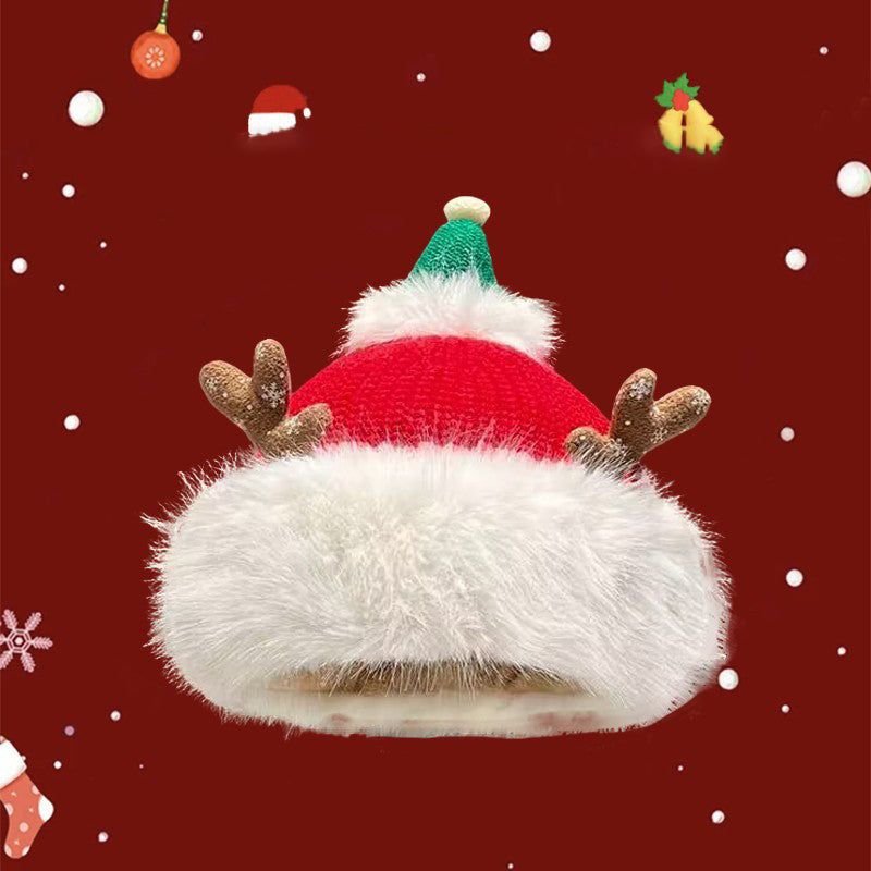 Cute Santa Hat Cut Out Red Knit Fleece Warm Antler Earflap Beanie