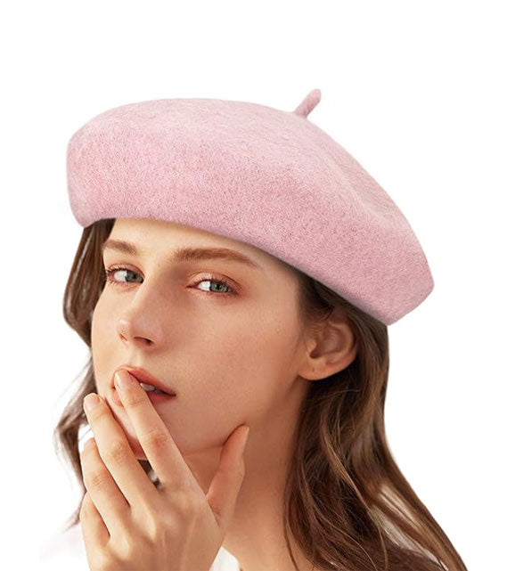 Pink Beret Wool French Hat Solid Color Beret Cap for Women Girls