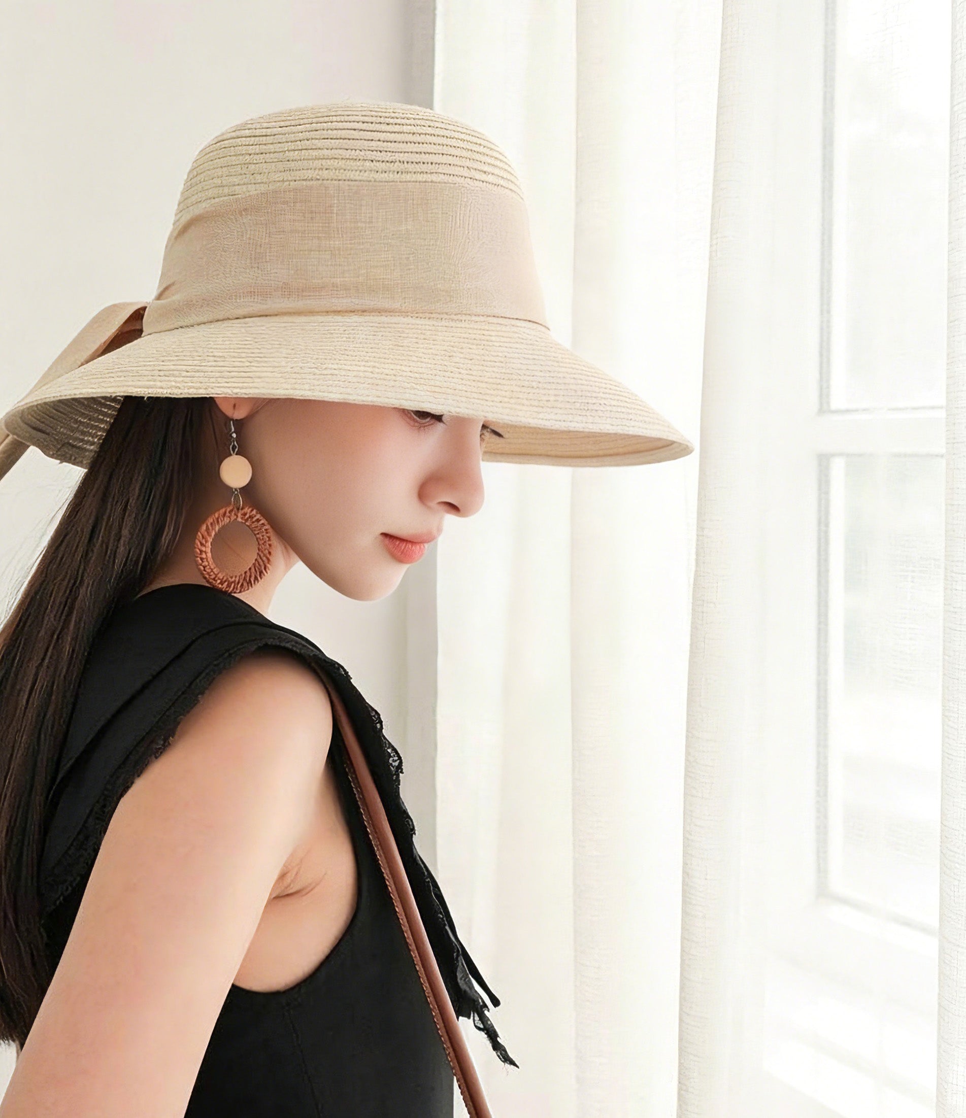 Summer Straw Hat for Women Beach Sun Hat with Ribbon Tie Vacation Style Bucket Hat