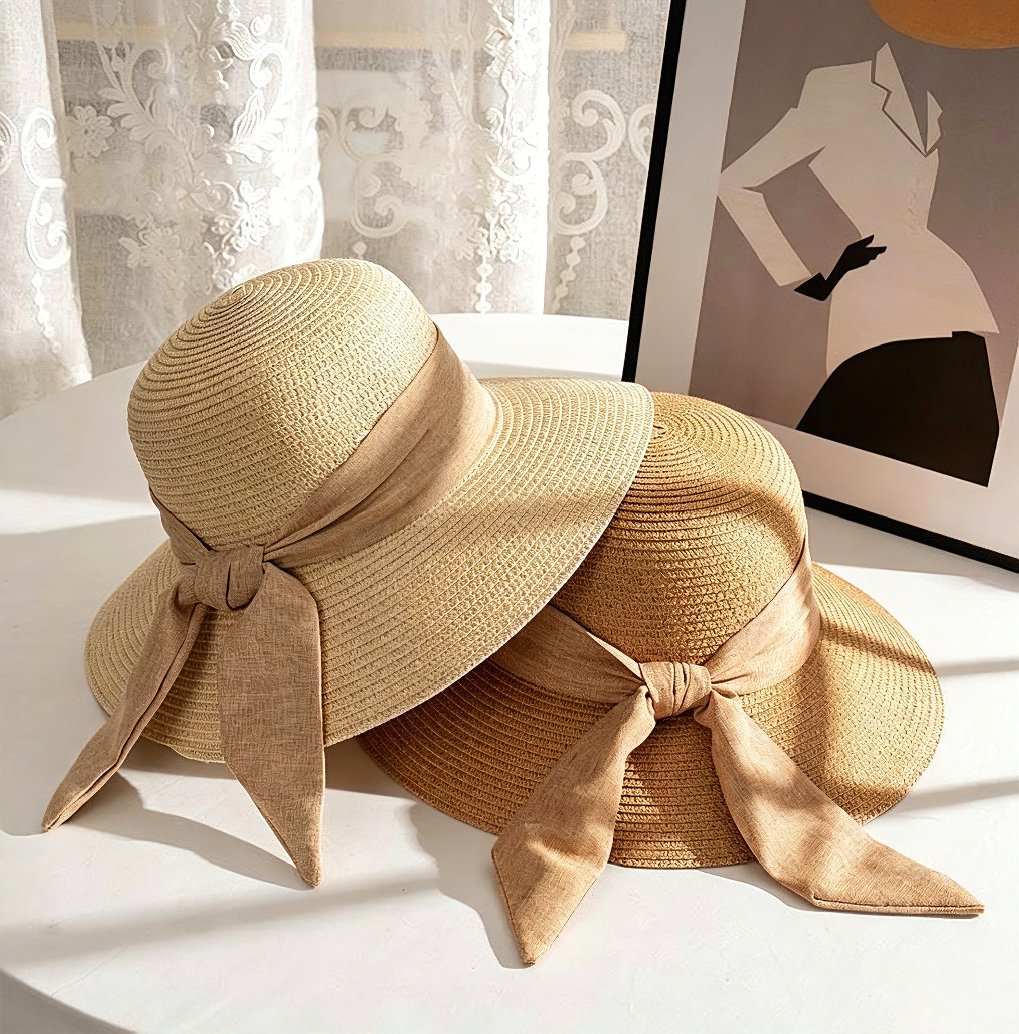 Summer Straw Hat for Women Beach Sun Hat with Ribbon Tie Vacation Style Bucket Hat