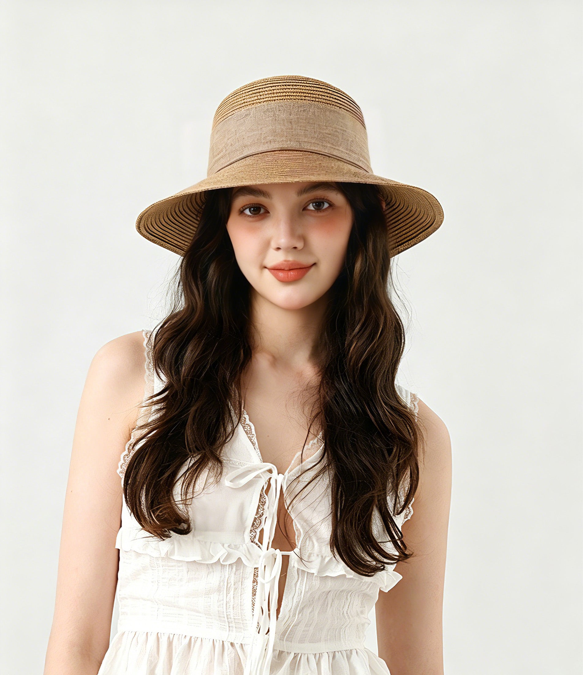 Summer Straw Hat for Women Beach Sun Hat with Ribbon Tie Vacation Style Bucket Hat