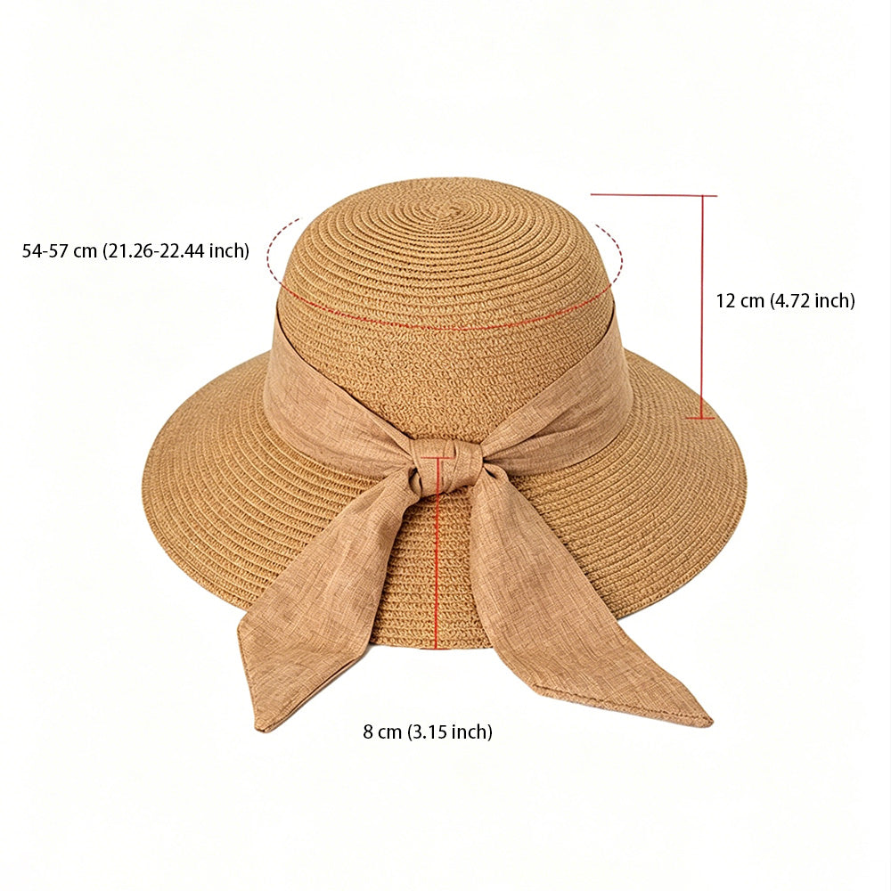 Summer Straw Hat for Women Beach Sun Hat with Ribbon Tie Vacation Style Bucket Hat