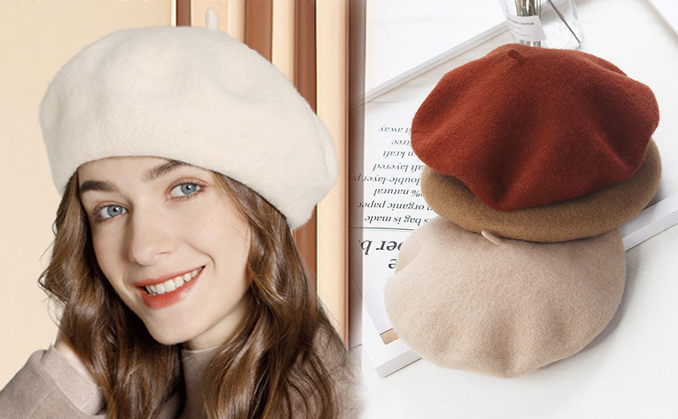White Beret Wool French Hat Solid Color Beret Cap for Women Girls
