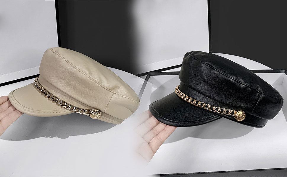 Newsboy Caps Leather Hats Women's Flat Top Black Leather Beret