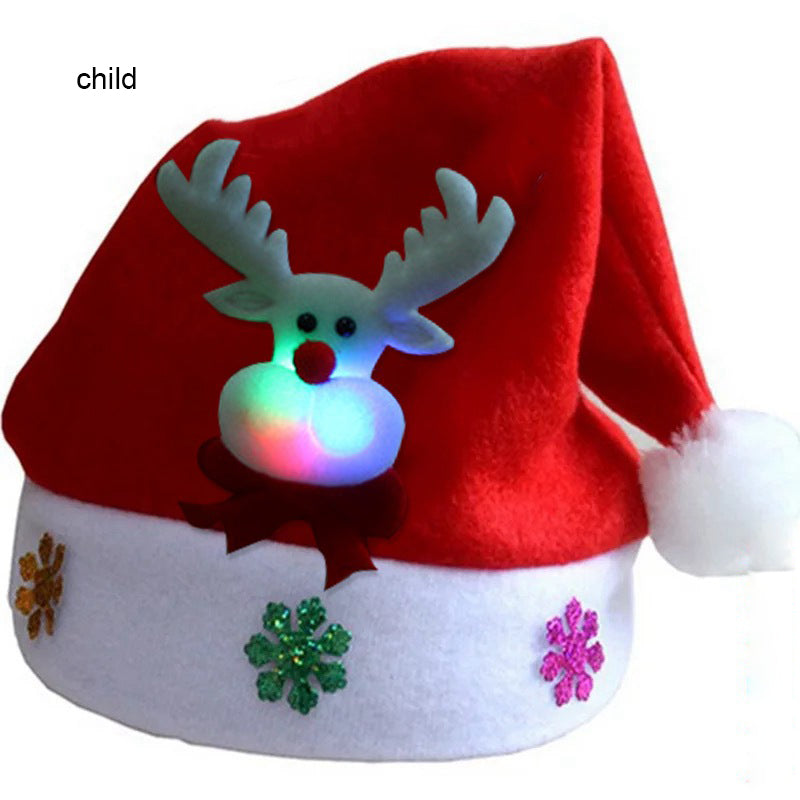 Kids Santa hat made with plush warm fabric and built-in LED lights. Childrens Navidad Christmas cap designed for comfort and festive winter celebrations.