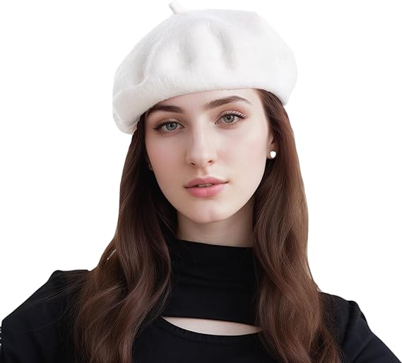 White Beret Wool French Hat Solid Color Beret Cap for Women Girls