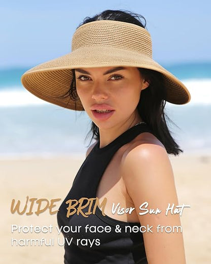 Sun Hats Women Chapeau Beach Cap Visor Wide Brim Straw Roll-Up Ponytail UV UPF