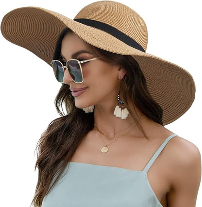 Straw Hat Beach Headwear Women Chapeau Cap Wide Brim Sun Hat UPF 50 Roll-Up