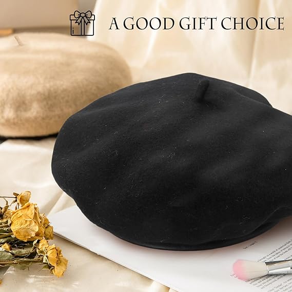 Black Beret Womens French Classic Beanie Hat Wool Beret Solid Color