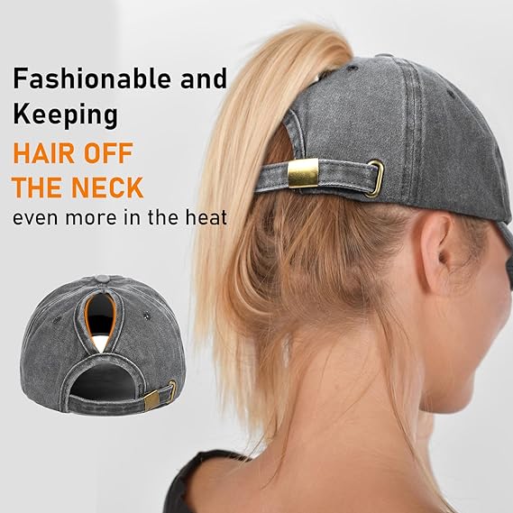 Baseball Caps for Women Distressed Cotton Hat with Ponytail Hole Black