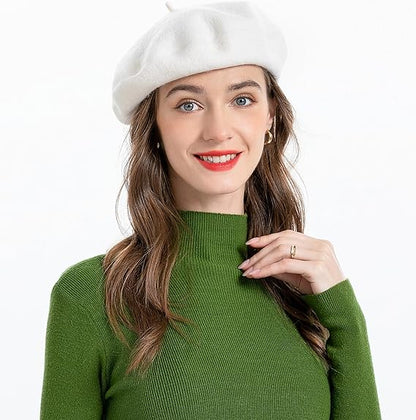 White Beret Wool French Hat Solid Color Beret Cap for Women Girls