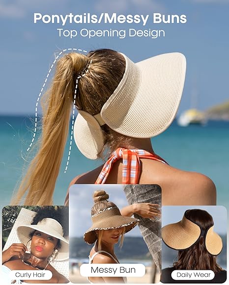 Sun Hats Women Chapeau Beach Cap Visor Wide Brim Straw Roll-Up Ponytail UV UPF