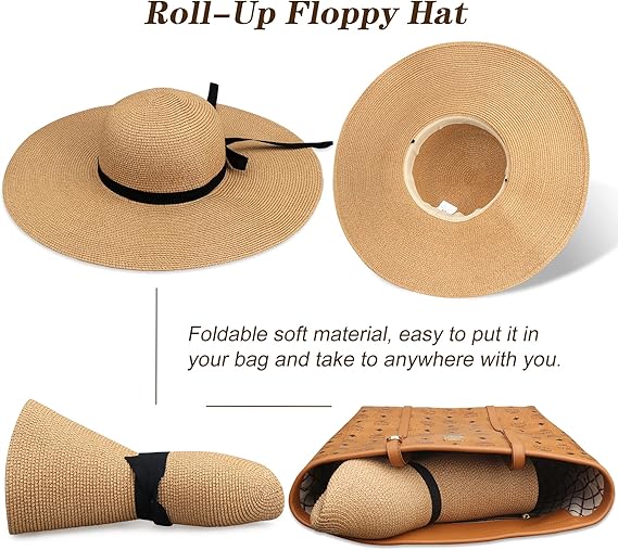 Straw Hat Beach Headwear Women Chapeau Cap Wide Brim Sun Hat UPF 50 Roll-Up