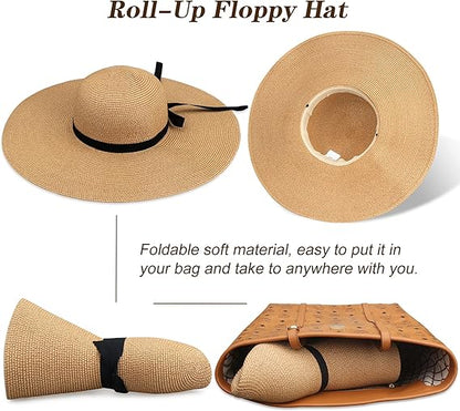 Straw Hat Beach Headwear Women Chapeau Cap Wide Brim Sun Hat UPF 50 Roll-Up