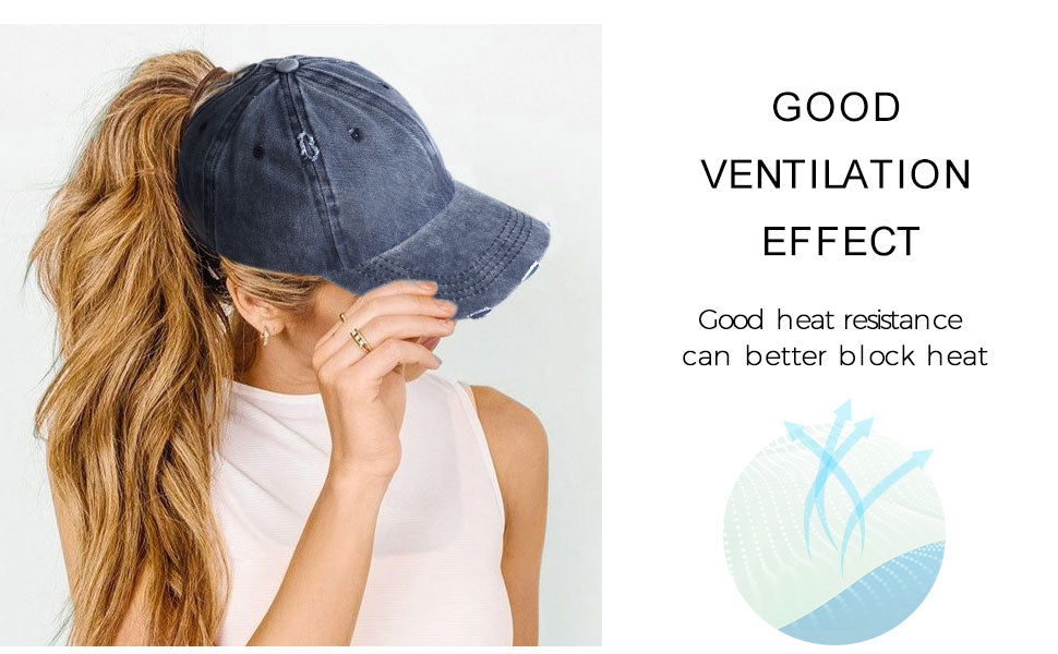 Baseball Caps for Women Distressed Cotton Hat with Ponytail Hole Black