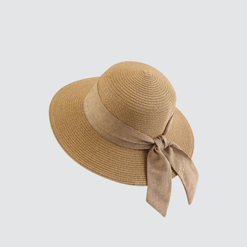 Beach Bucket Hat Women Summer Straw Wide Brim Sun Hat with Bow Ribbon