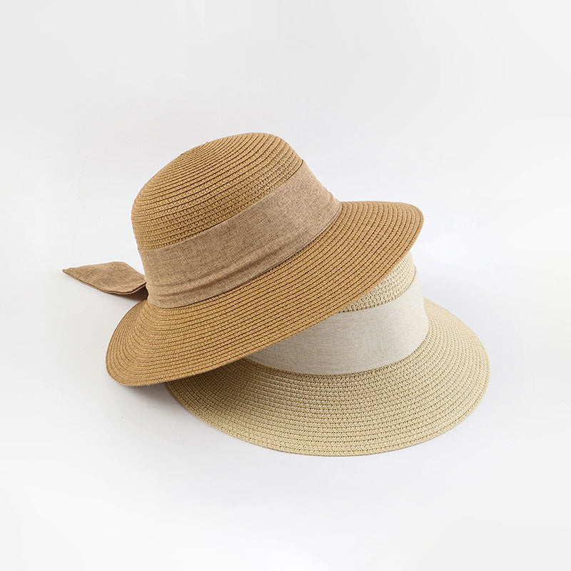 Beach Bucket Hat Women Summer Straw Wide Brim Sun Hat with Bow Ribbon