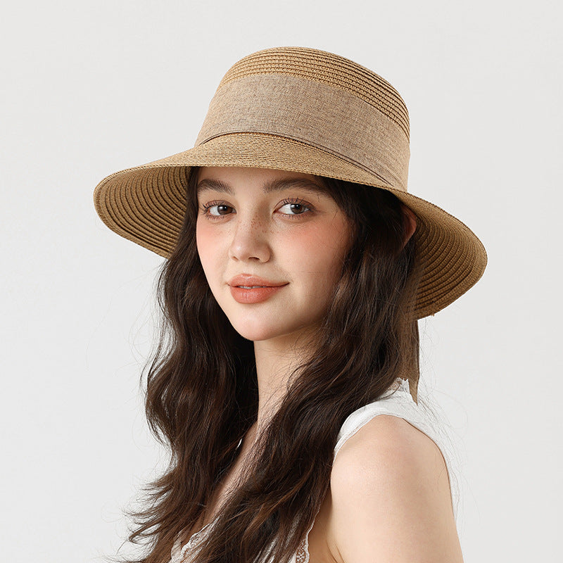 Beach Bucket Hat Women Summer Straw Wide Brim Sun Hat with Bow Ribbon