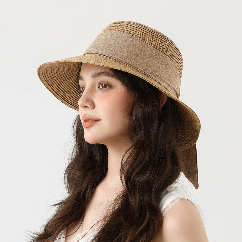 Beach Bucket Hat Women Summer Straw Wide Brim Sun Hat with Bow Ribbon
