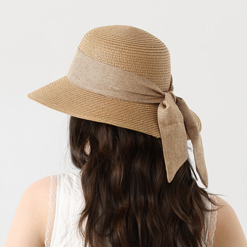Summer Straw Hat for Women Beach Sun Hat with Ribbon Tie Vacation Style Bucket Hat