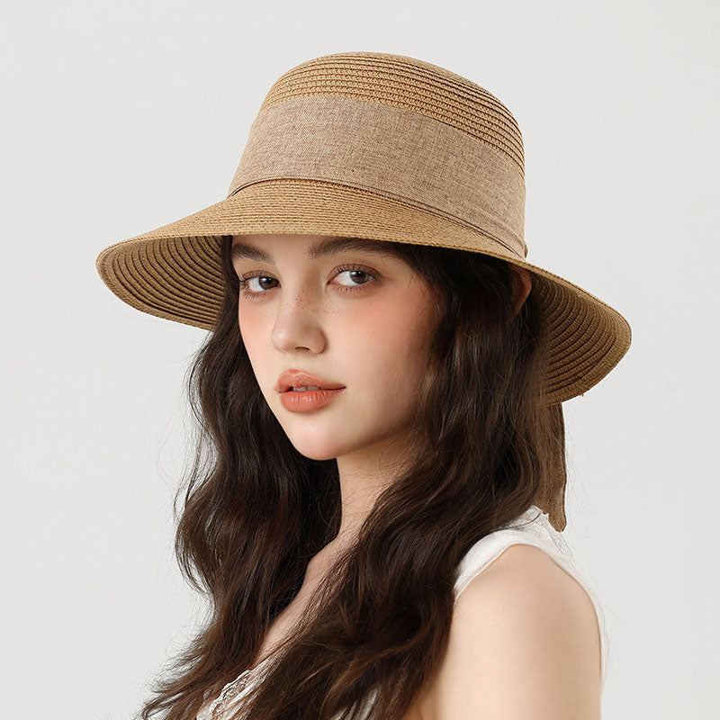 Summer Straw Hat for Women Beach Sun Hat with Ribbon Tie Vacation Style Bucket Hat