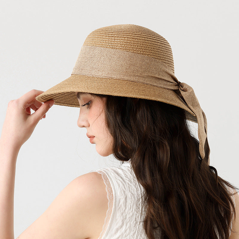 Summer Straw Hat for Women Beach Sun Hat with Ribbon Tie Vacation Style Bucket Hat