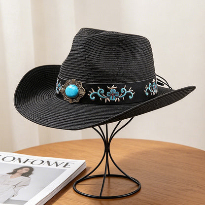 Black Straw Cowboy Hat | Vintage Wide Brim Sun Hat for Men & Women