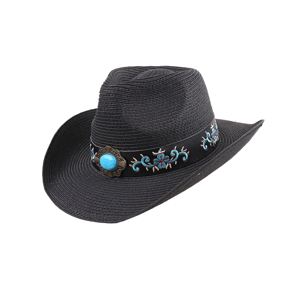 Black Straw Cowboy Hat | Vintage Wide Brim Sun Hat for Men & Women