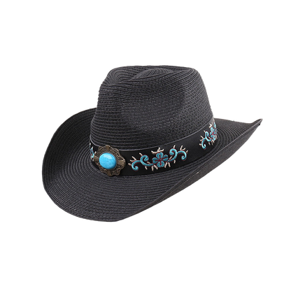 Black Straw Cowboy Hat | Vintage Wide Brim Sun Hat for Men & Women