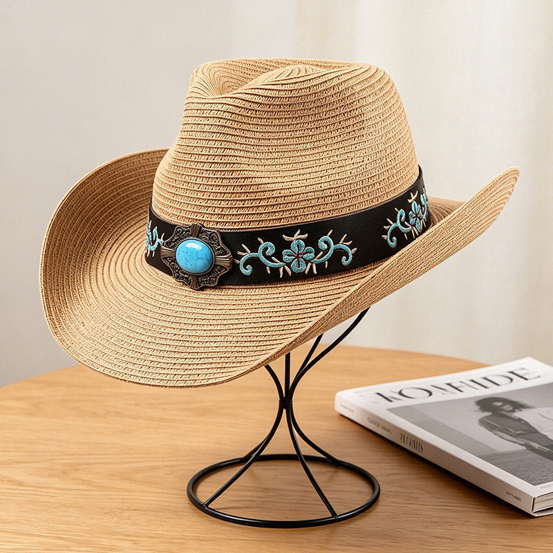 Black Straw Cowboy Hat | Vintage Wide Brim Sun Hat for Men & Women