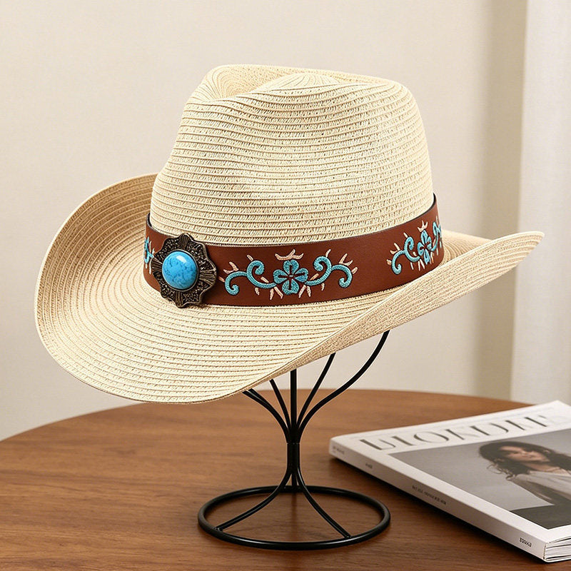 Black Straw Cowboy Hat | Vintage Wide Brim Sun Hat for Men & Women
