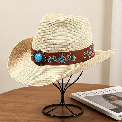 Black Straw Cowboy Hat | Vintage Wide Brim Sun Hat for Men & Women