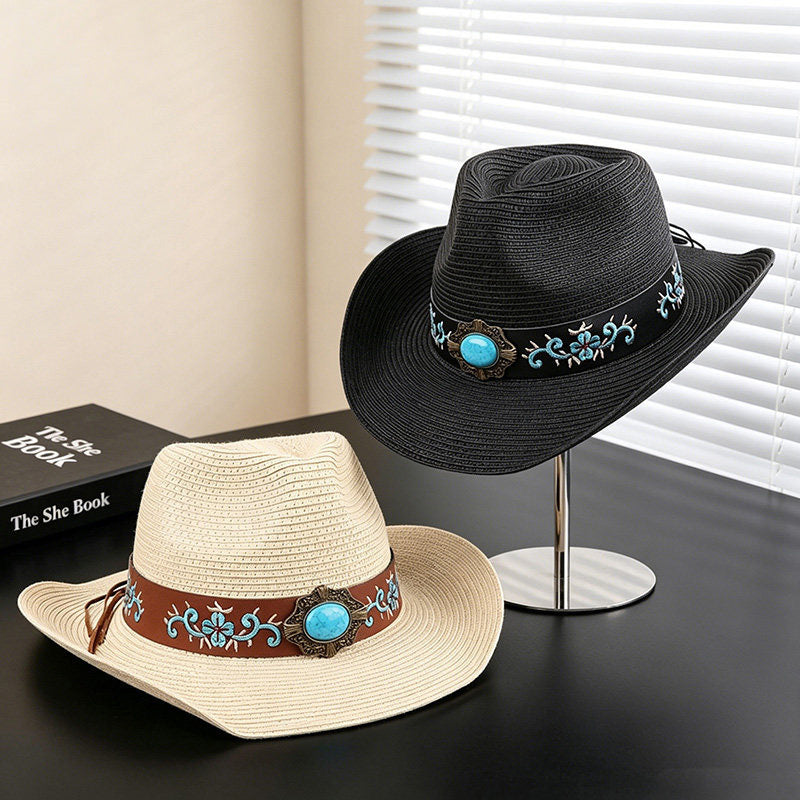 Black Straw Cowboy Hat | Vintage Wide Brim Sun Hat for Men & Women