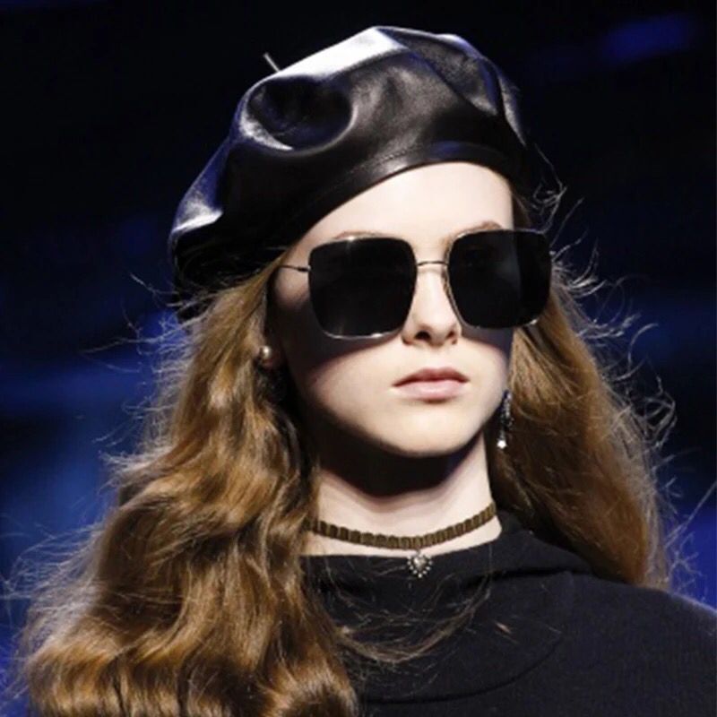 Black Leather Beret Hat French PU Artist Cap for Women