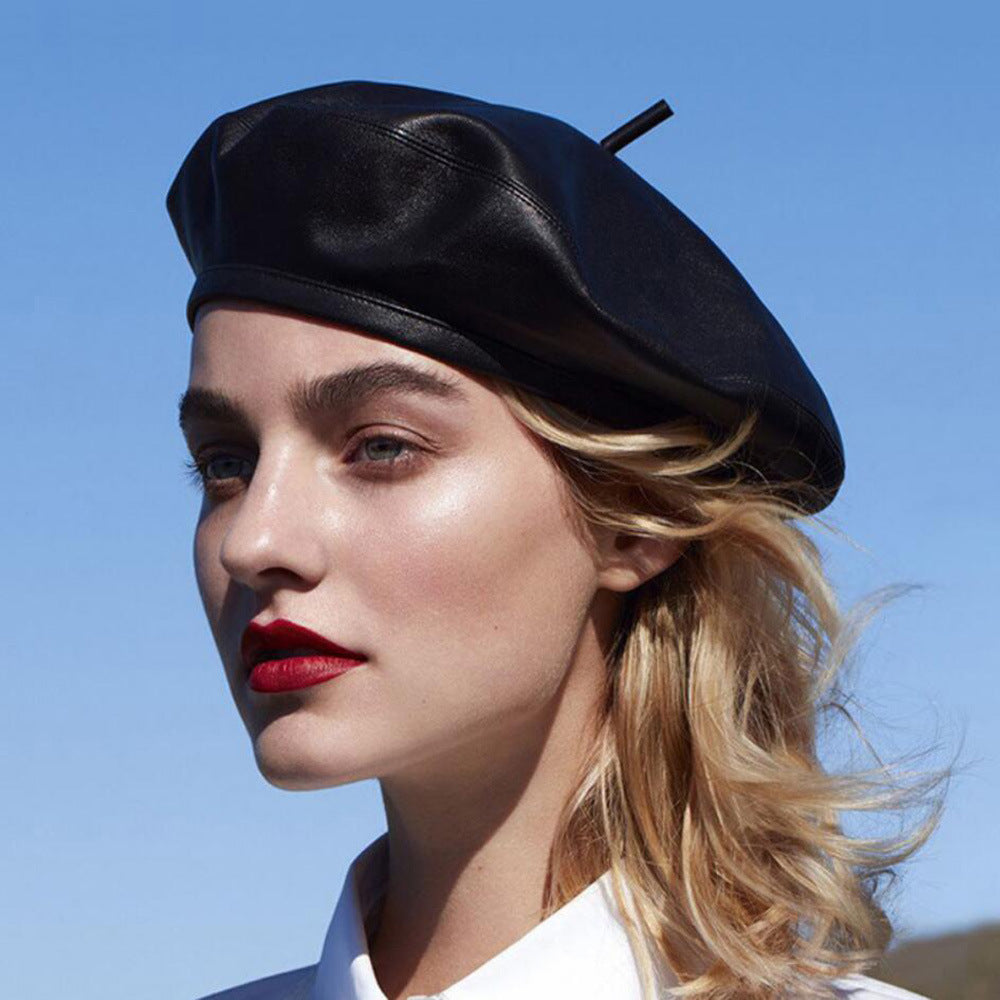 Black Leather Beret Hat French PU Artist Cap for Women