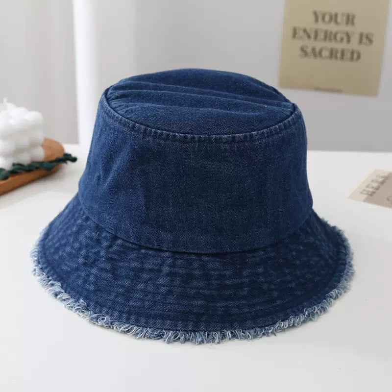 Blue Denim Bucket Hat with Frayed Brim – Vintage Sun Hat in Light, Navy, Royal & Black