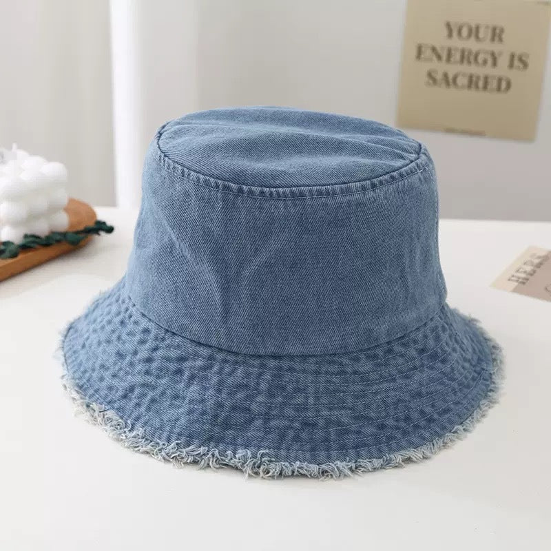 Blue Denim Bucket Hat with Frayed Brim – Vintage Sun Hat in Light, Navy, Royal & Black