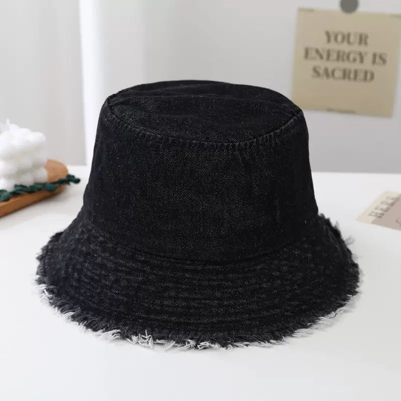 Blue Denim Bucket Hat with Frayed Brim – Vintage Sun Hat in Light, Navy, Royal & Black
