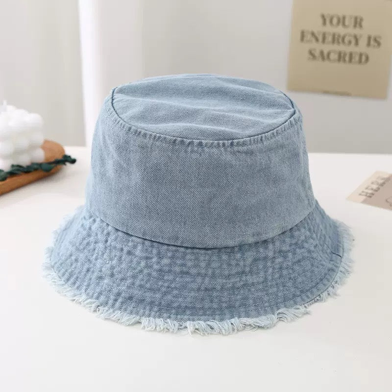 Blue Denim Bucket Hat with Frayed Brim – Vintage Sun Hat in Light, Navy, Royal & Black