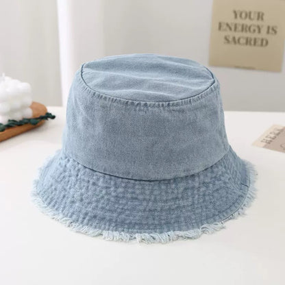 Blue Denim Bucket Hat with Frayed Brim – Vintage Sun Hat in Light, Navy, Royal & Black