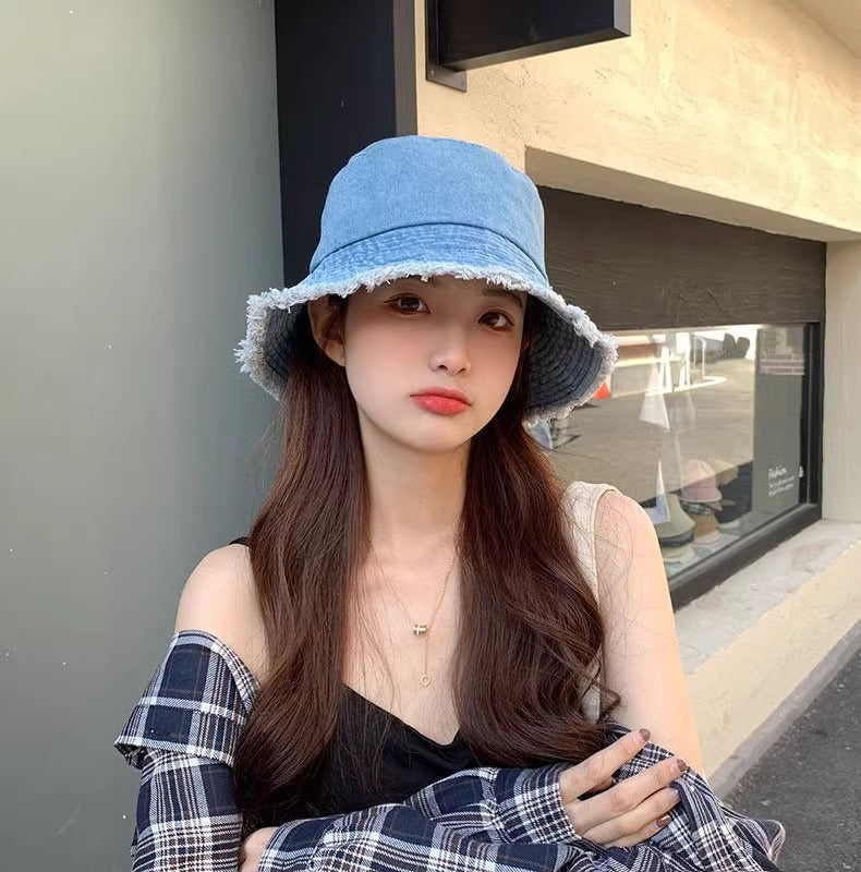 Blue Denim Bucket Hat with Frayed Brim – Vintage Sun Hat in Light, Navy, Royal & Black