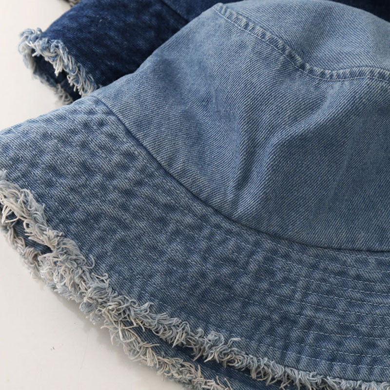 Blue Denim Bucket Hat with Frayed Brim – Vintage Sun Hat in Light, Navy, Royal & Black