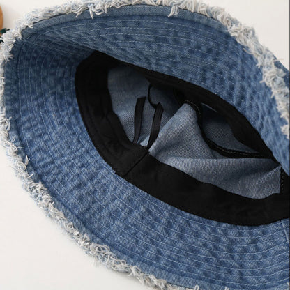 Blue Denim Bucket Hat with Frayed Brim – Vintage Sun Hat in Light, Navy, Royal & Black