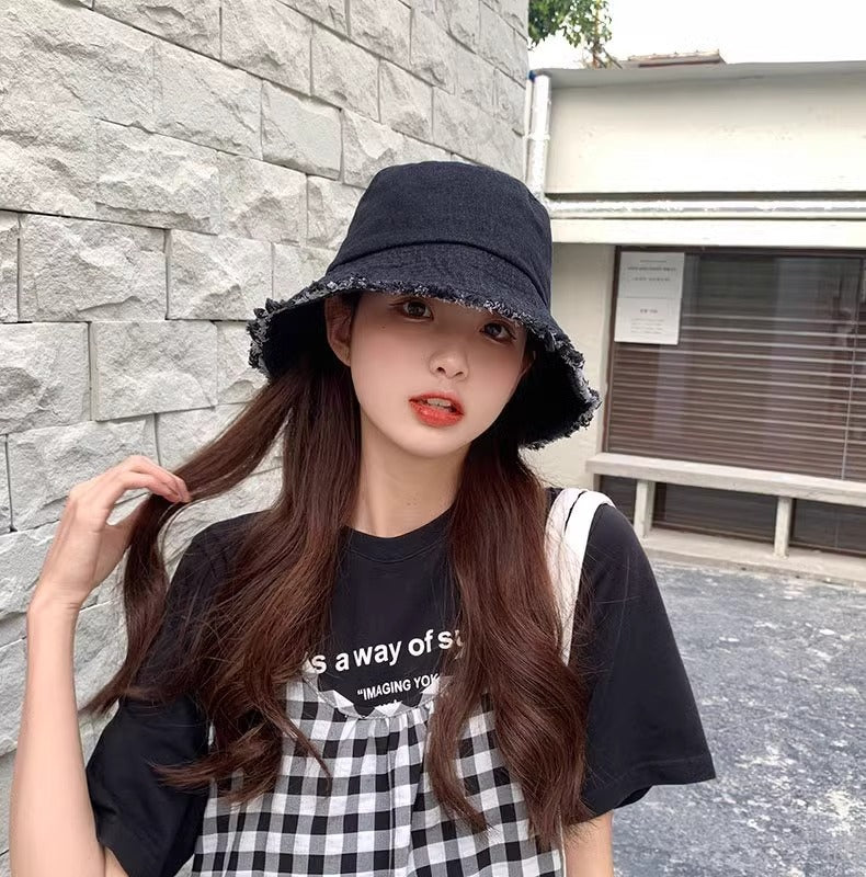 Blue Denim Bucket Hat with Frayed Brim – Vintage Sun Hat in Light, Navy, Royal & Black