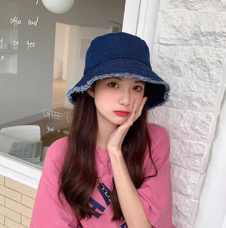 Blue Denim Bucket Hat with Frayed Brim – Vintage Sun Hat in Light, Navy, Royal & Black