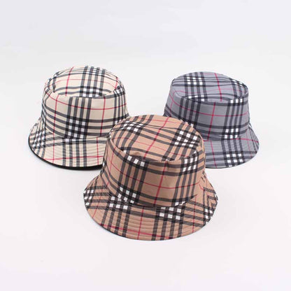 Checkered Bucket Hat – Gray, Beige & Khaki Vintage Plaid Sun Cap