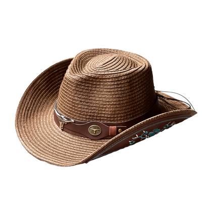 Cowboy Straw Hat Mens | Brown Woven Western Hat for Summer Riding